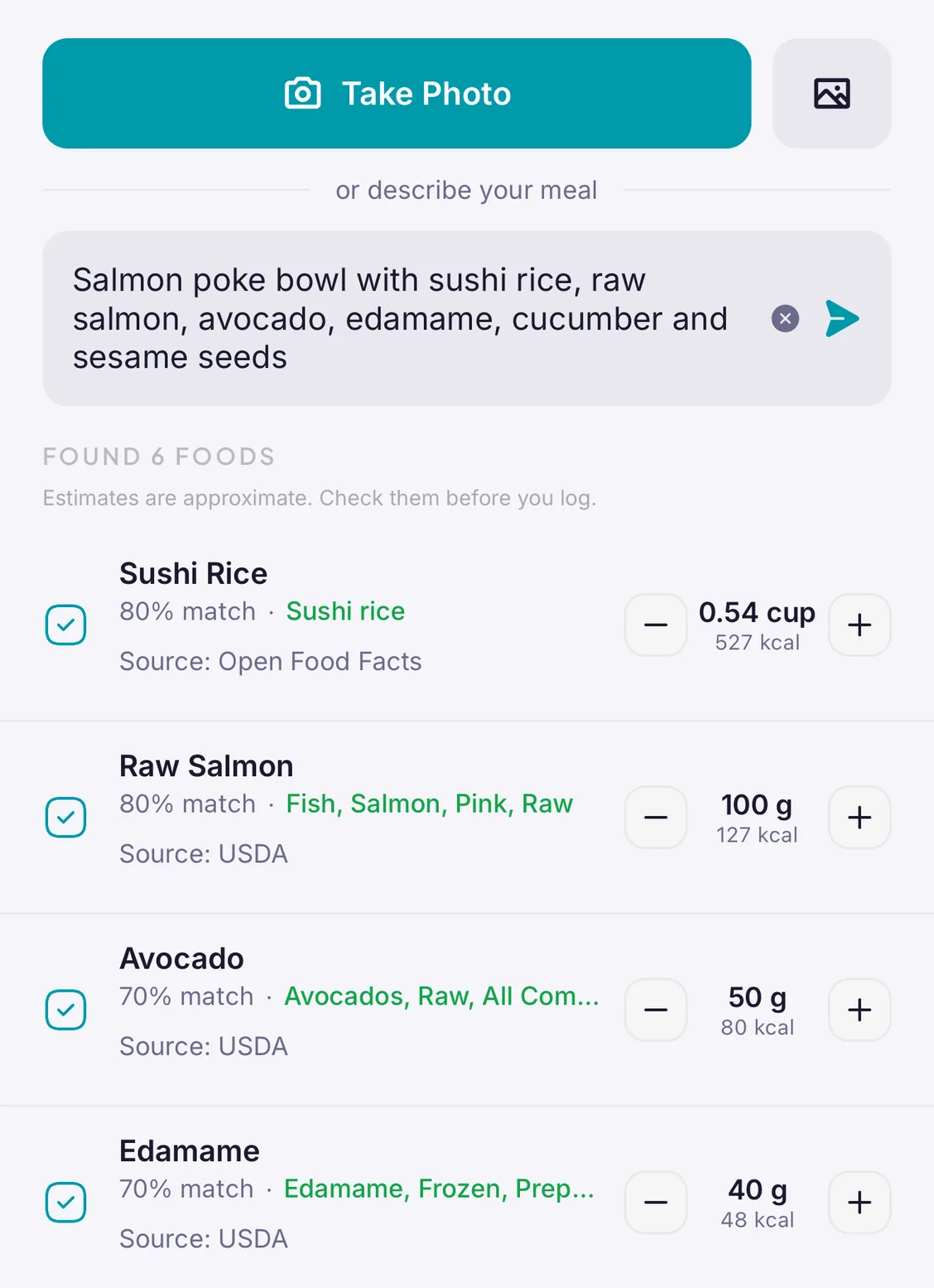 AI Scan turning a described poke bowl into six food entries to confirm