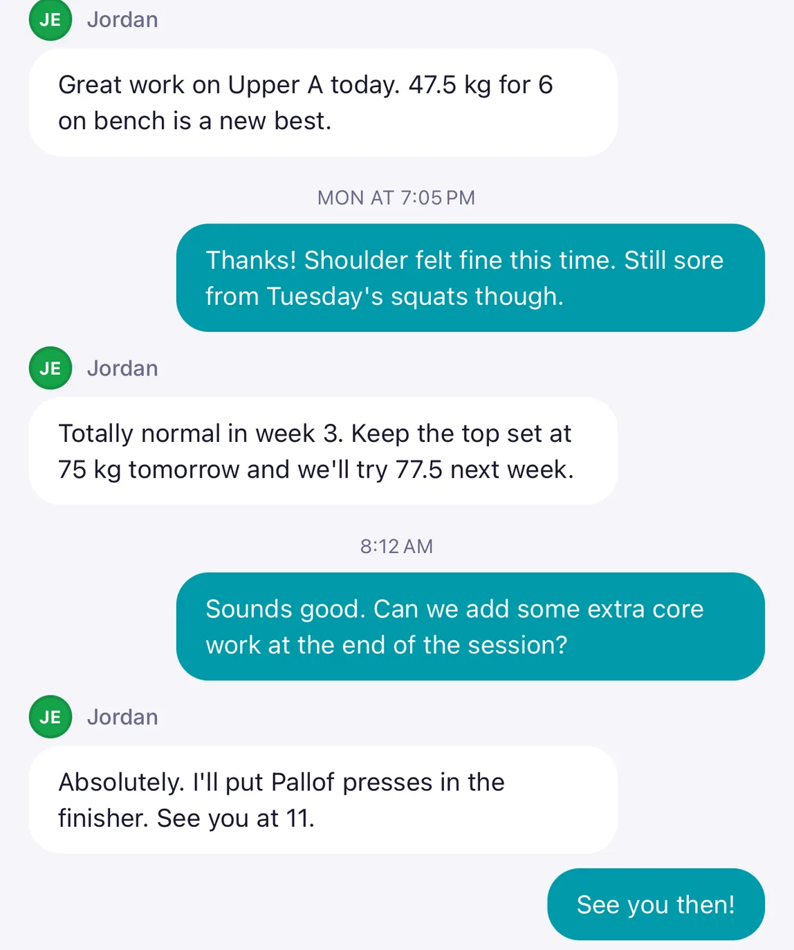 A trainer and client chatting about a new personal record and the next session