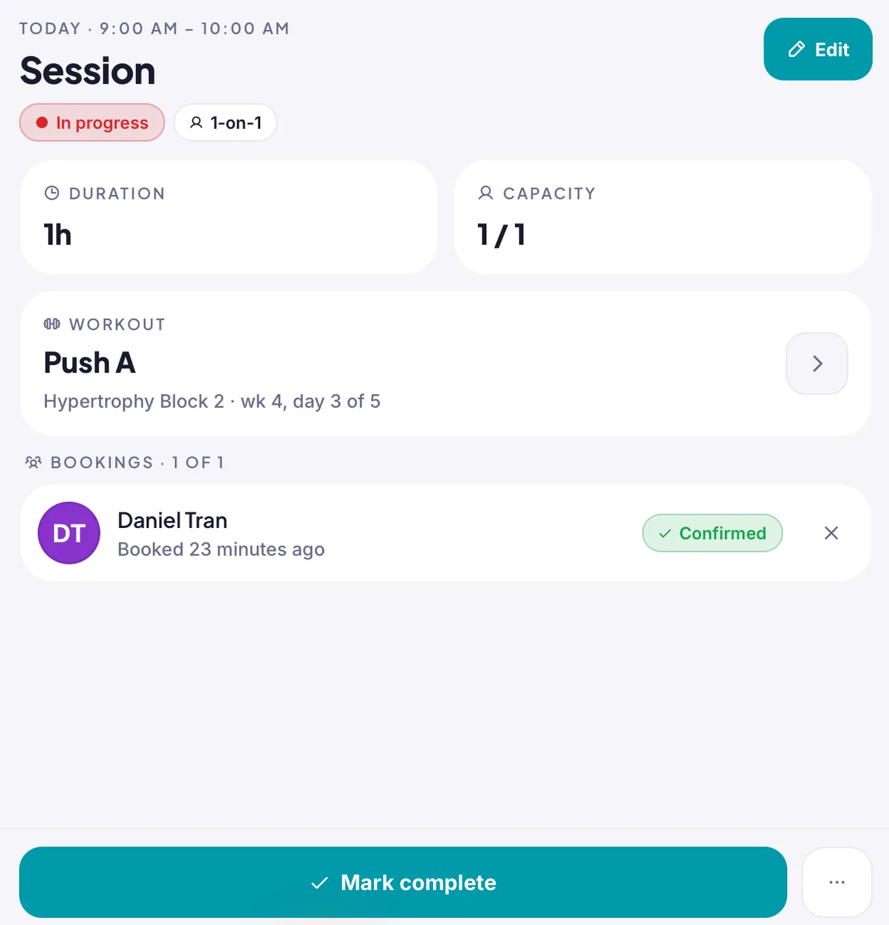 Session detail: Push A workout, one-on-one, with a confirmed booking