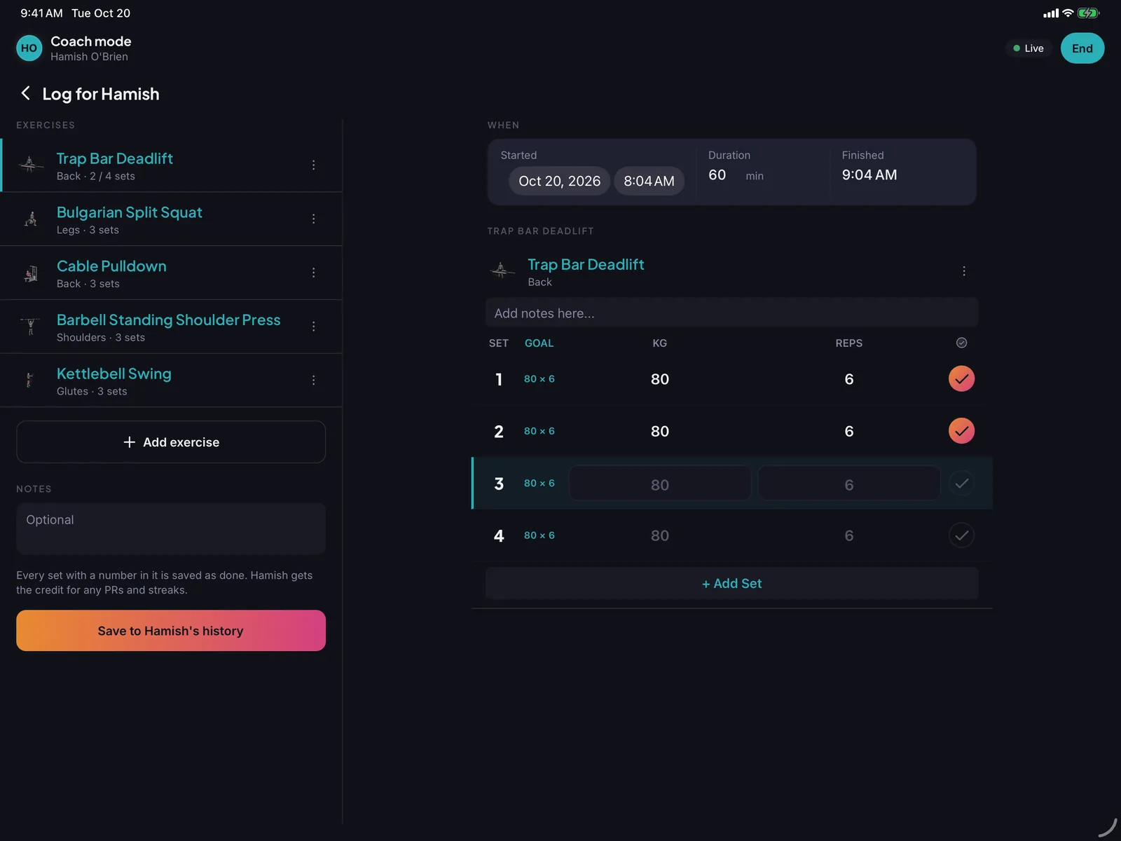 Coach mode on iPad, dark theme: logging Trap Bar Deadlift for Hamish O'Brien, two of four sets done, with Save to Hamish's history.
