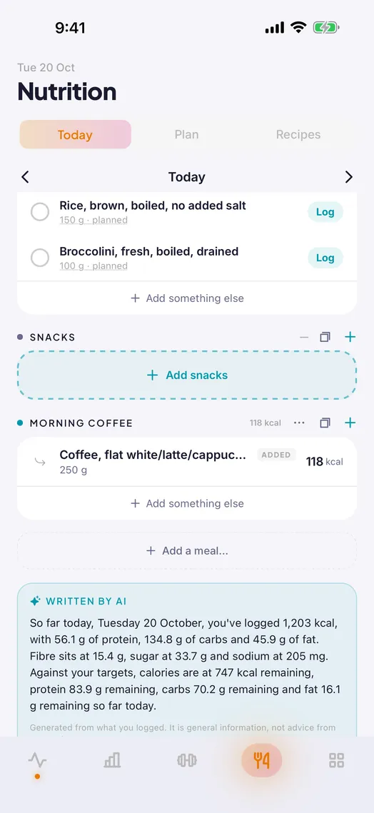 The nutrition day: snacks, morning coffee and a recap labelled Written by AI with the day's calories and macros against targets.