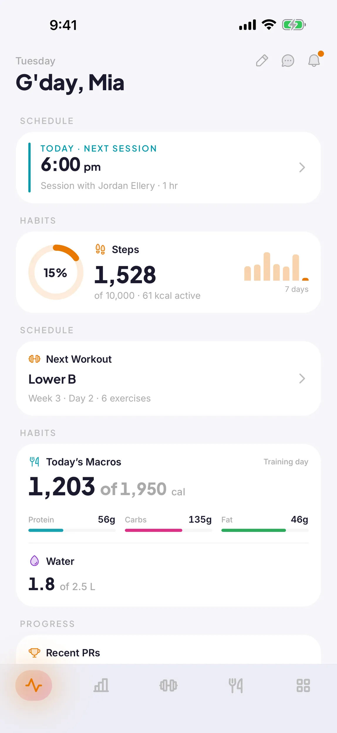 Client view: Mia's Today screen with her next session, steps, next workout and today's macros.