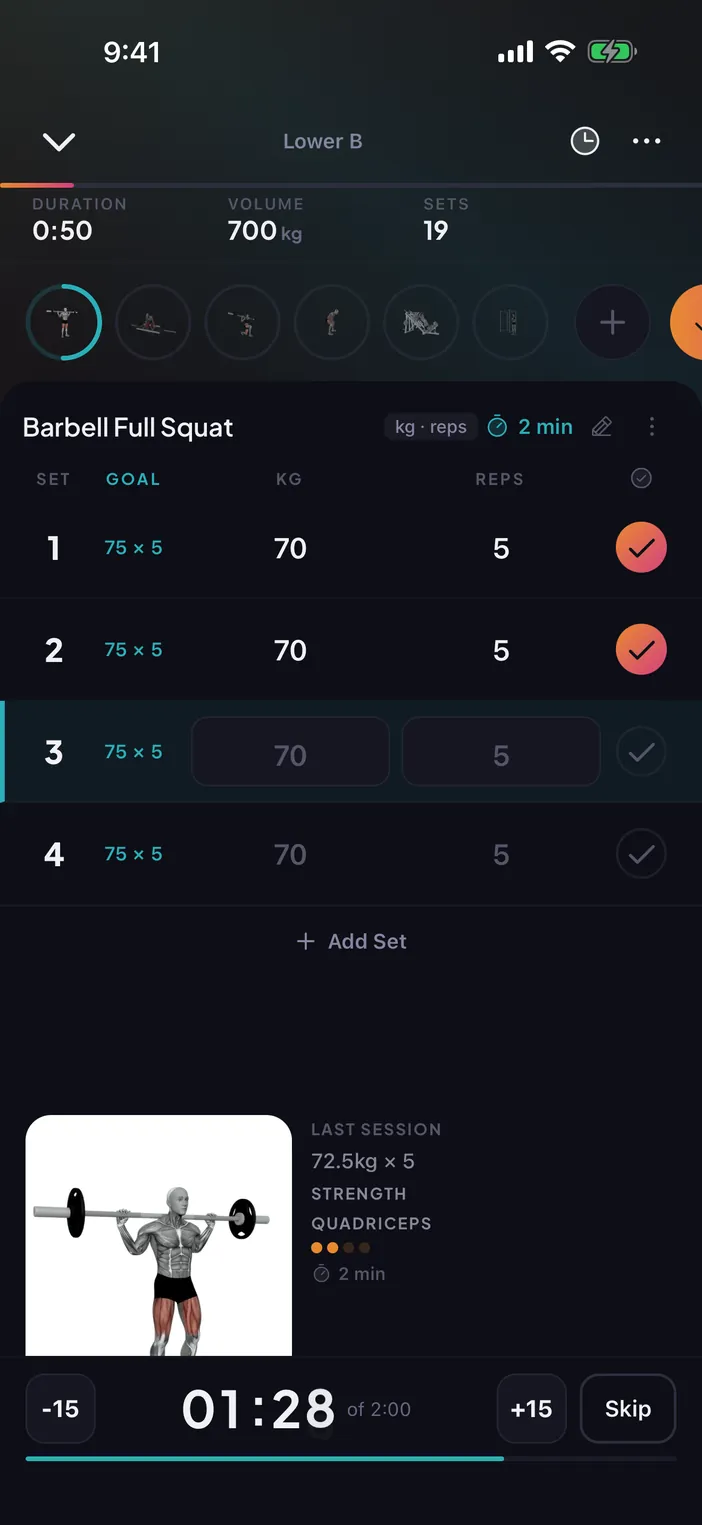 An active workout in the dark theme: Barbell Full Squat, sets of 70 kilos for 5 reps, with last session's numbers and a rest timer at 1:28.
