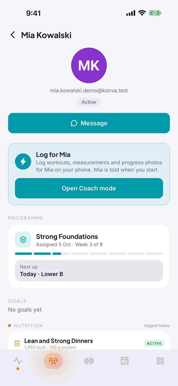 Mia Kowalski's client page on the trainer's phone, with Message, Log for Mia and her programme.